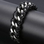 Men's 22MM Polished Stainless Steel Cuban Chain Bracelet for Men Braided Leather Wrap Bracelet Wristband Male Jewelry
