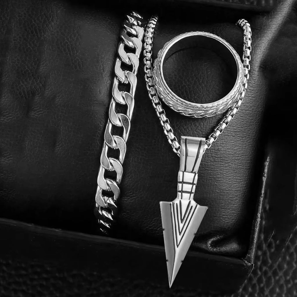 Black Cross Cuban Chain Necklace Ring Bracelet Set
