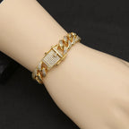 Sparkling Cuban Link Chain Bracelet - Golden Tone Stainless Steel, Rhinestone - Encrusted Hip Hop Bling for Guys