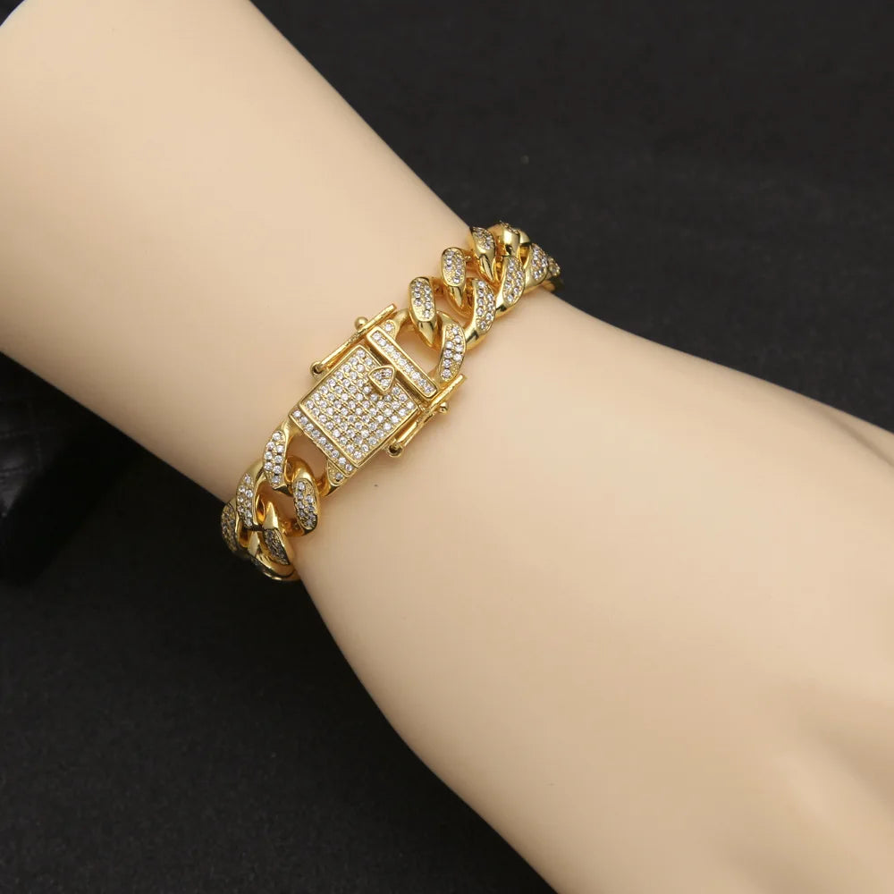 Sparkling Cuban Link Chain Bracelet - Golden Tone Stainless Steel, Rhinestone - Encrusted Hip Hop Bling for Guys