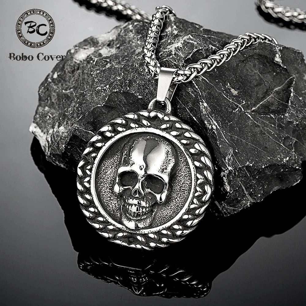 Viking Double-Sided Skull Pendant Necklace — Stainless