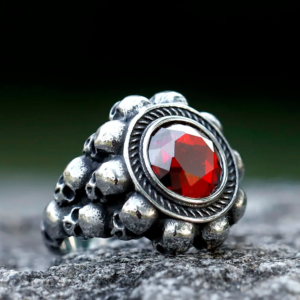 NEW Men's 316L Stainless-Steel Rings Skull Head With Red Zircon Ring Vintage Gothic Punk Jewelry Gifts Free Shipping