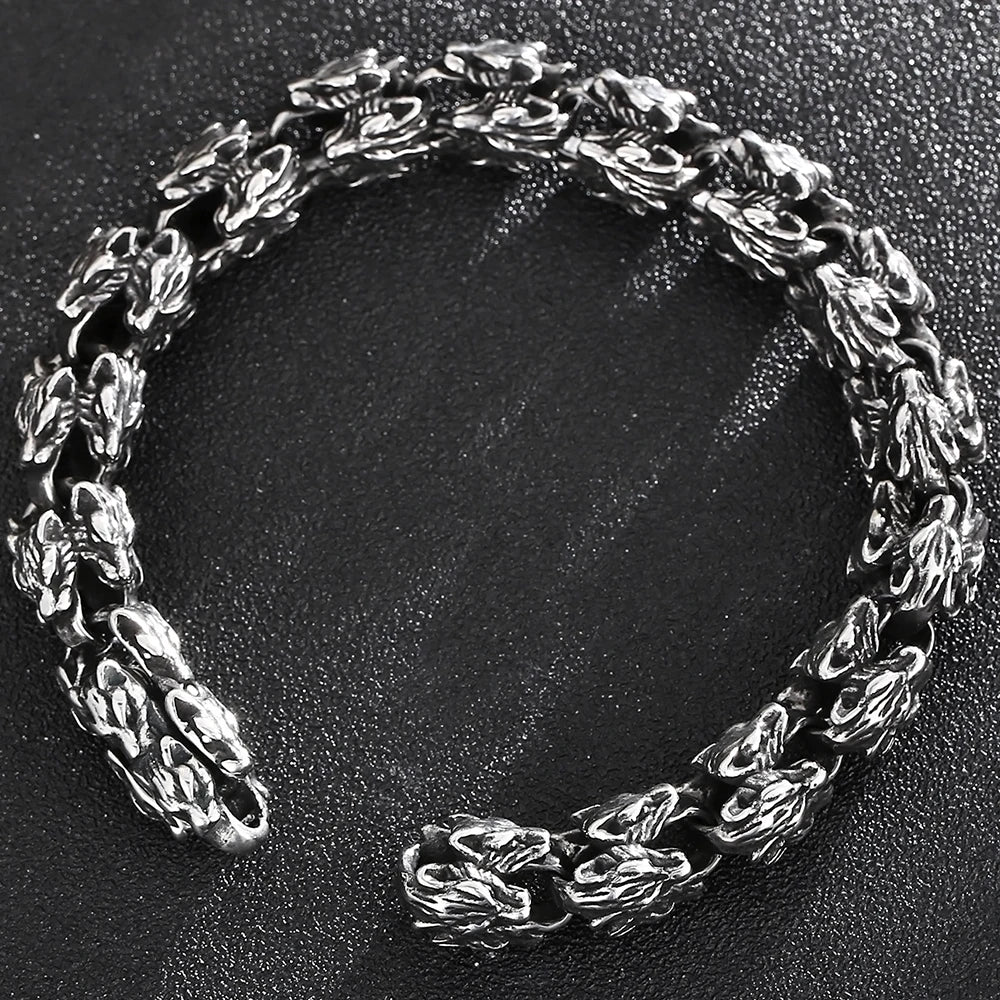 Gothic Stainless Steel Bracelets Man 12MM Wide Wolf Head Link Chain Bracelet for Men Wrist Strap Punk Nordic Viking