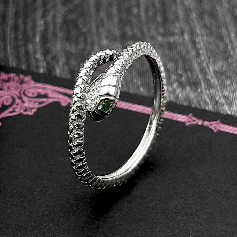 Snake Silver Ring Sterling Green Zircons Eye Matte