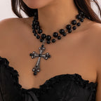IngeSight.Z Trendy Goth Large Cross Pendant Necklace Elegant Charming Imitation Pearl Woman Choker Y2K Neck Jewelry