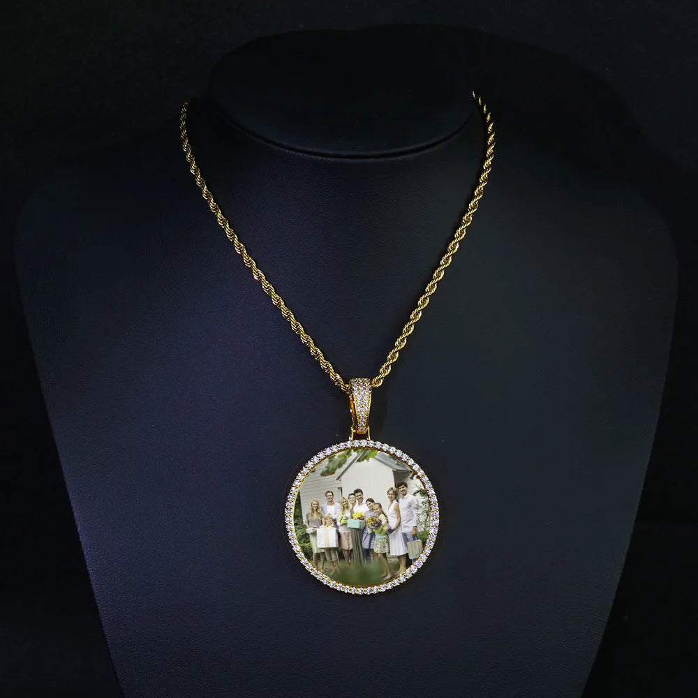 HHIOK Customized Necklaces Circle Chain Picture Personalized Diamond Memory Pendant with Photo Wing Design Gift for Men