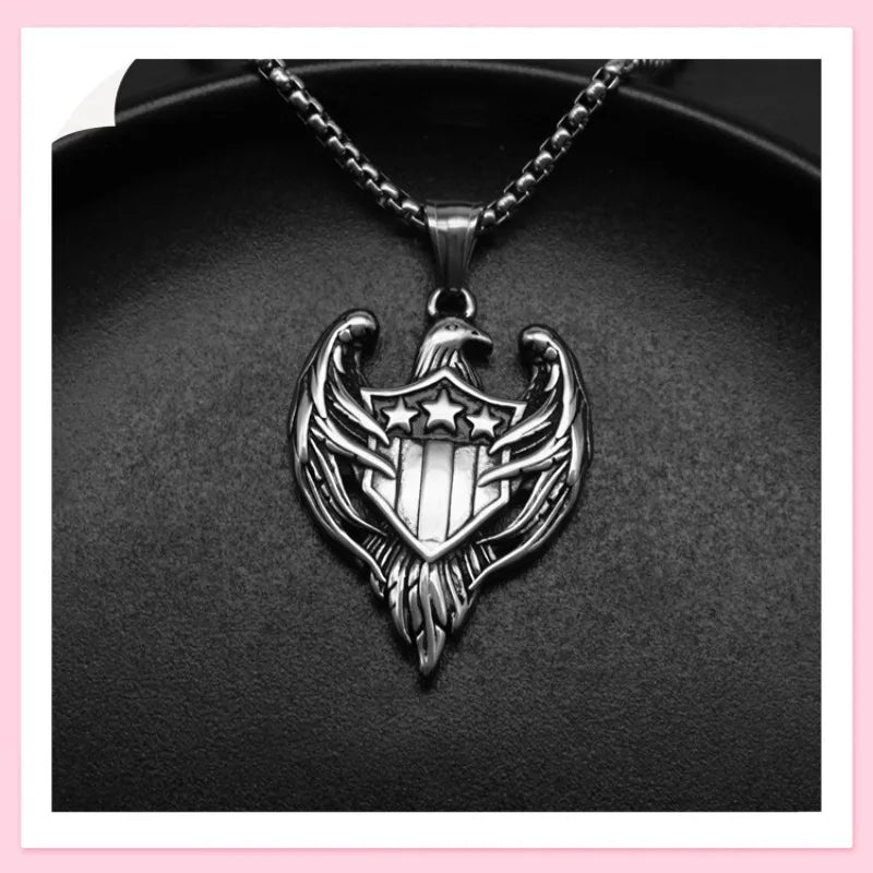Double Wings Eagle Shield Pendant — Stainless Steel