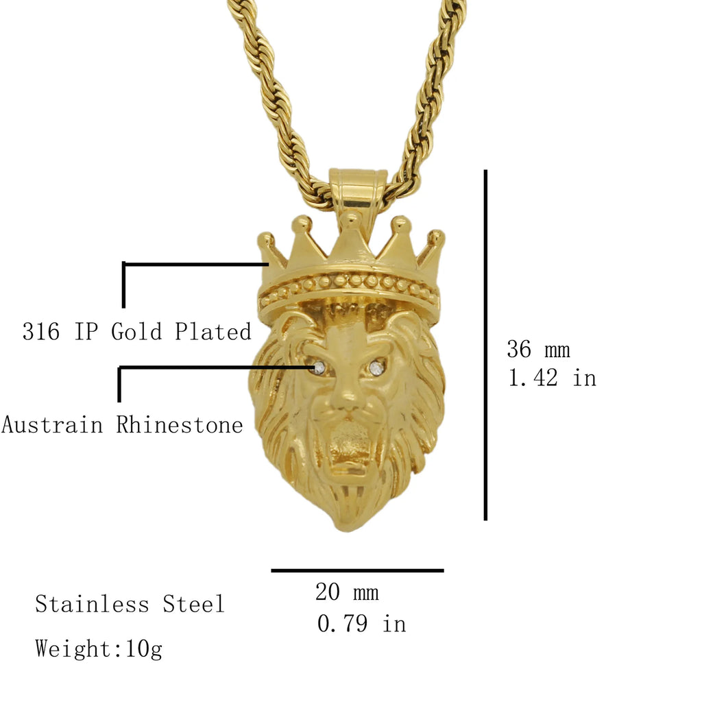 hip hop Lion crown Pendant Necklace For Men Gold color 316L Stainless Steel Jewelry