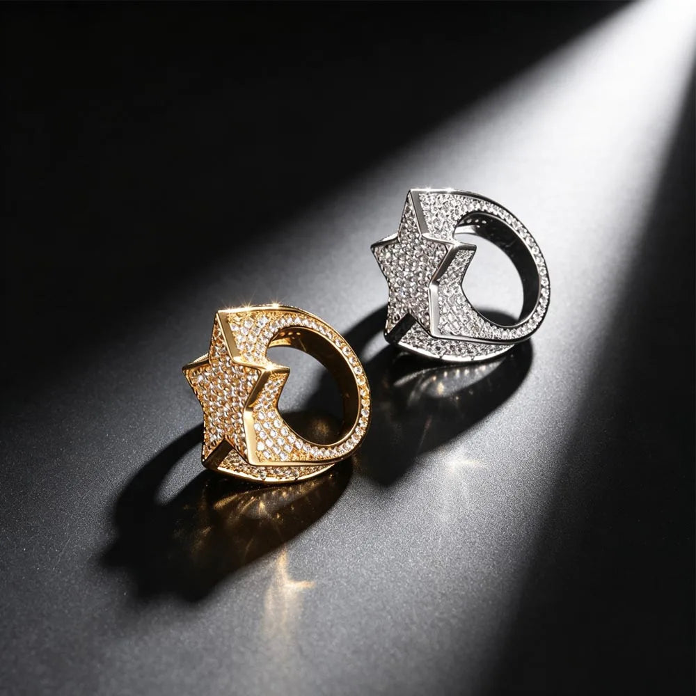 Hip Hop Star Rings for Men Women Diamond Cuban Ring Rapper Party 18K Gold Plated Fine Jewelry Gifts for Men Gilrs Boys