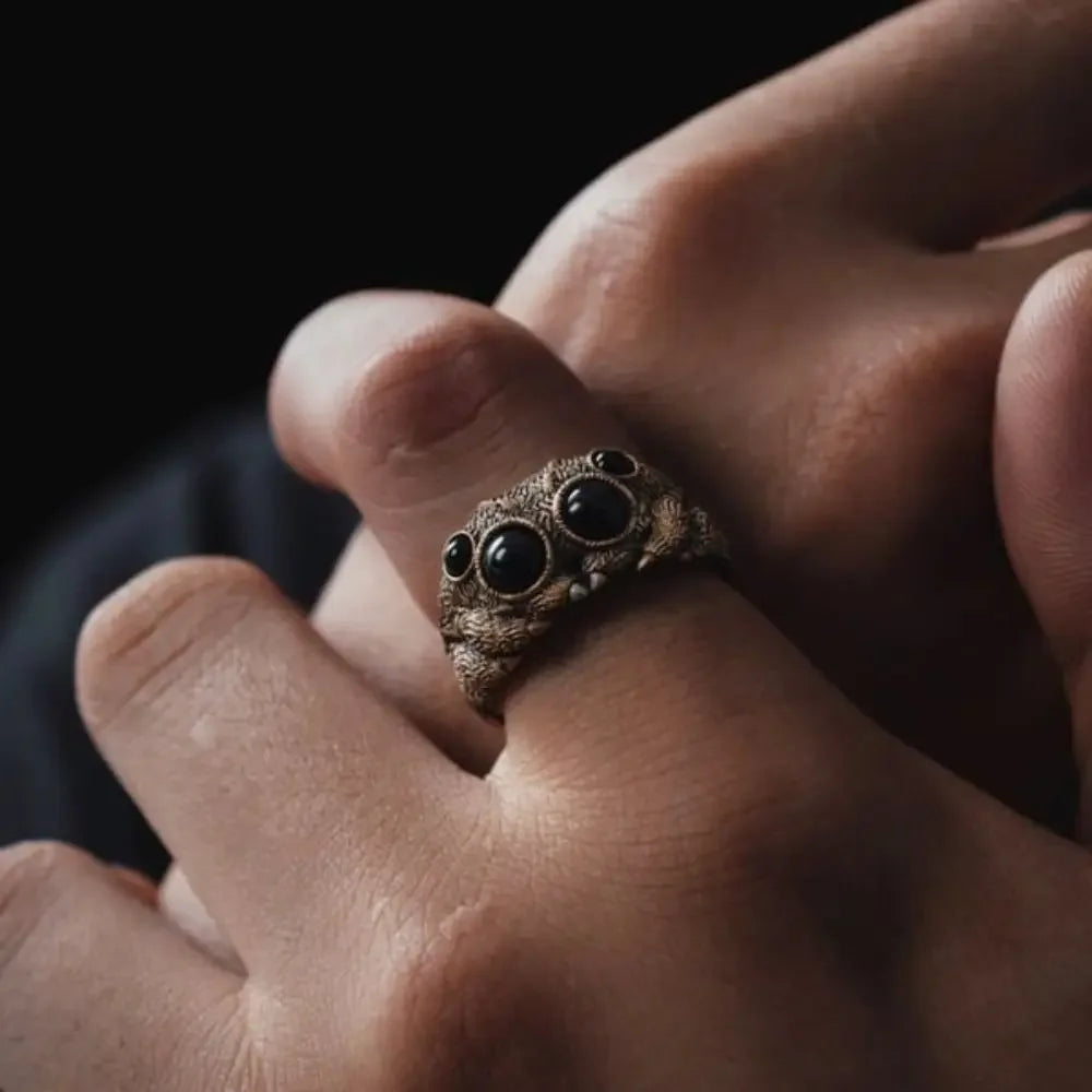 Black Agate Jumping Spider Ring Personalized Electroplated Copper Animal Open Rings Adjustable Opening Fashion