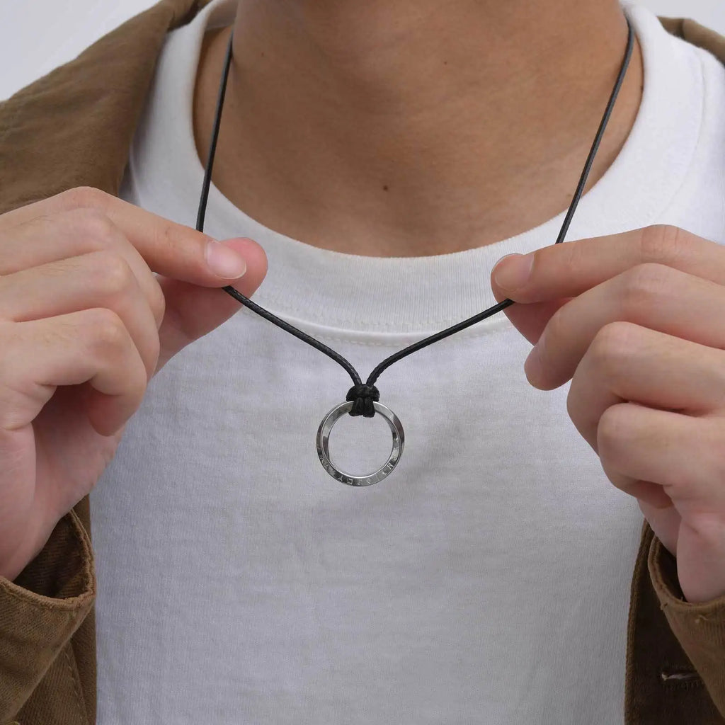 Vicking Round Mobius Necklace for Men,Stainless Steel Pendant with Black Wax Rope,Classic Jewelry Gift to Husband