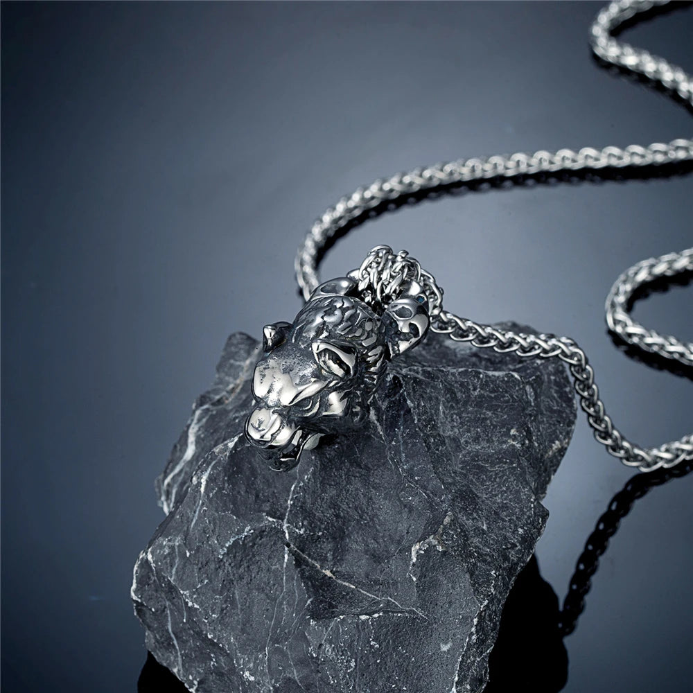 Vintage Vikings Celtic Wolf Head Necklaces Men's Stainless Steel Norse Mythology Fenrir Wolf Animal Pendant