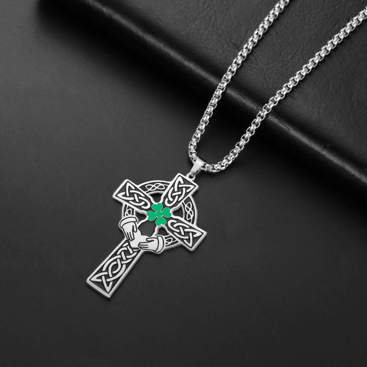 Celtic Cross Shamrock Claddagh Pendant Necklace — Stainless Steel