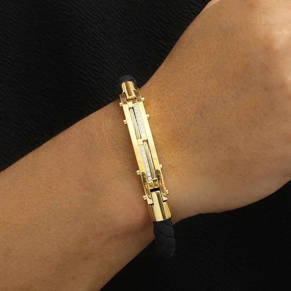 Gold Color Bracelets for Men 8MM Wide Braided Leather Rope Chain Bracelet CZ Stainless Steel Men's Arm Jewelry Birthday