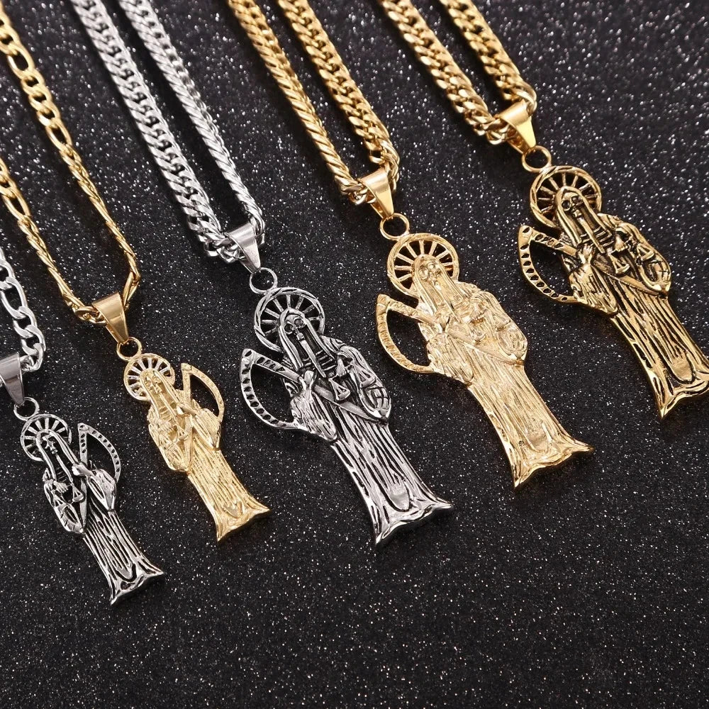 Witaya Classic New Retro Death of Angel Santa Muerte Mens Pendant Necklace 316L Stainless Steel Jewelry Men Party Gift