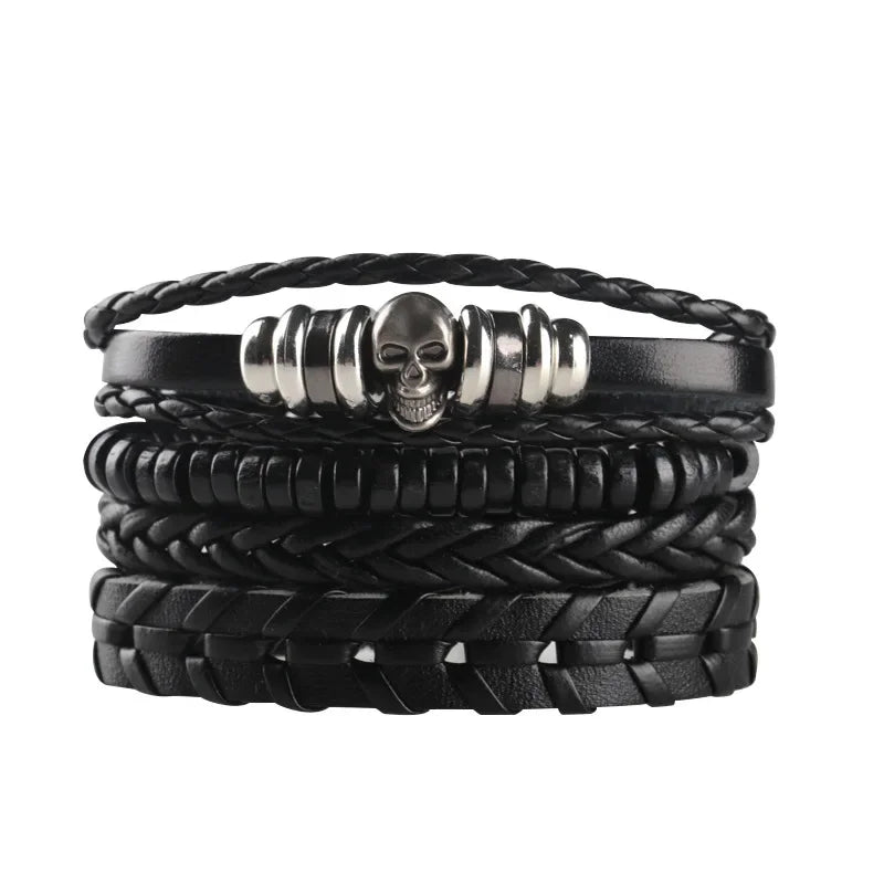 4/5/6pcs Evil Eye Wing Star Skull Diy Braided Punk Style Bracelet Set, Featuring Pu Leather And Beads Bracelet