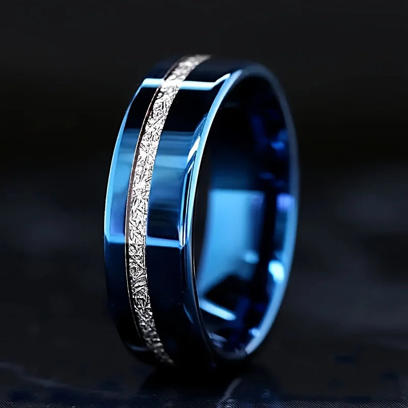 Fashion Men's Stainless Steel Rings 8mm Classical Black Blue Groove Beveled Edge Wedding Engagement Anniversary Jewelry