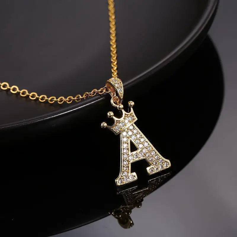 Crown Initial Letter Pendant Necklace — Copper