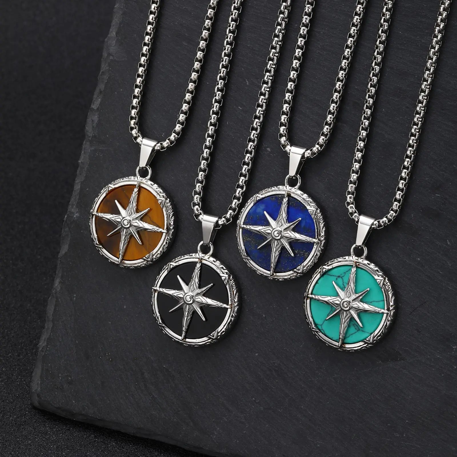 Eight-Pointed Star Stone Round Pendant Necklace