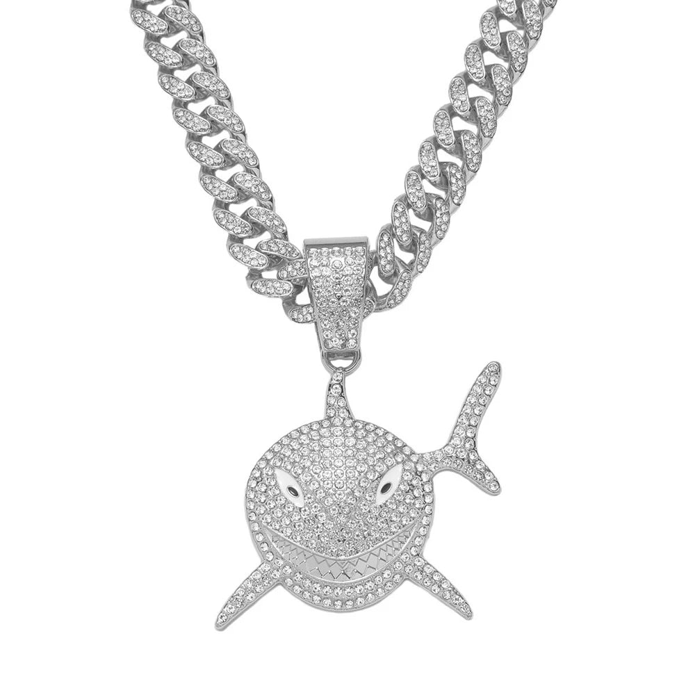 Big Size Shark Pendant Necklace For Men Hip Hop Bling Jewelry With 13mm Iced Out Rhinestone Miami Cuban Chain Fashion