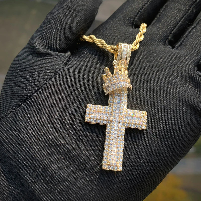 Hip Hop 3A+ CZ Stone Paved Bling Iced Out Crown Cross Charm Pendants Necklace for Men Rapper Jewelry Gold Silver Color