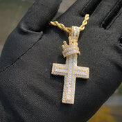 Iced Out Crown Cross Pendant Necklace — Gold Rope Chain