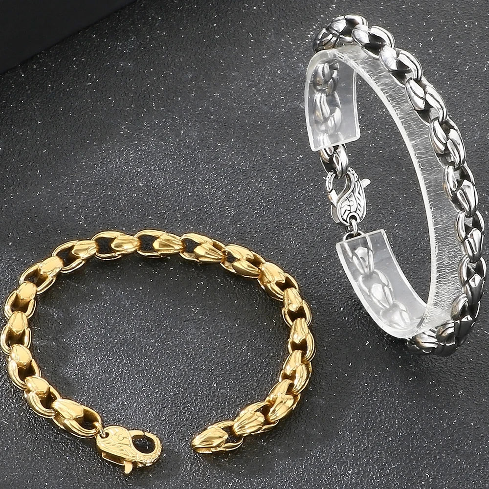 Vintage Punk Stainless Steel Men's Bracelet 7mm Vacuum Plated Cuban Link Chain With Spring Claw Clasp Waterproof