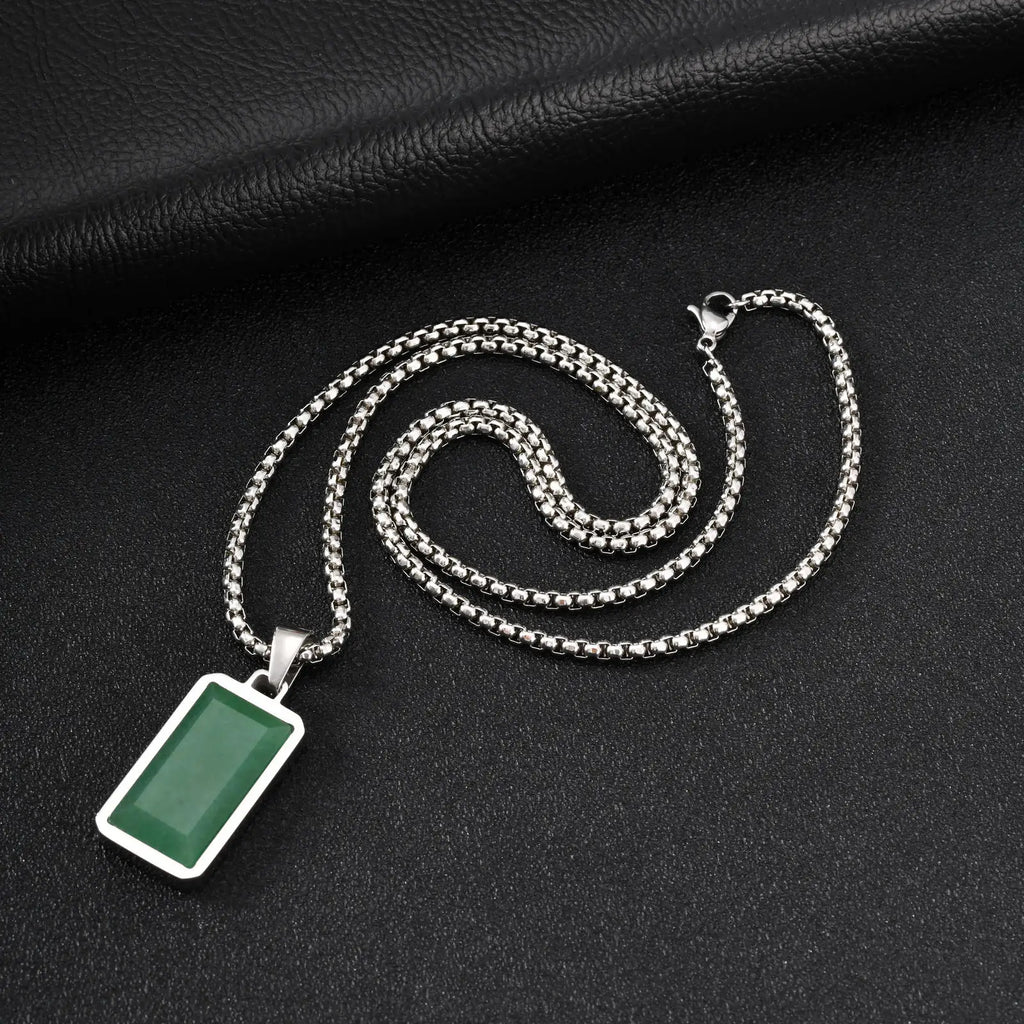 Geometric Square Green Stone Pendant Necklace — 50cm & 60cm Chain