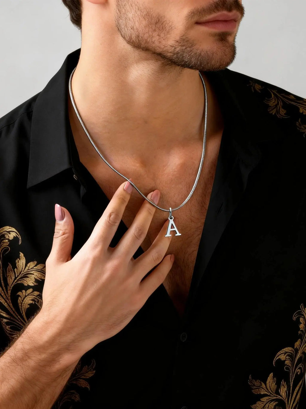Minimalist Initials Necklace for Men,Stainless Steel Alphabet A-Z 26 Letter Collar,50/55/60CM Silver Color Thin Snake Chain