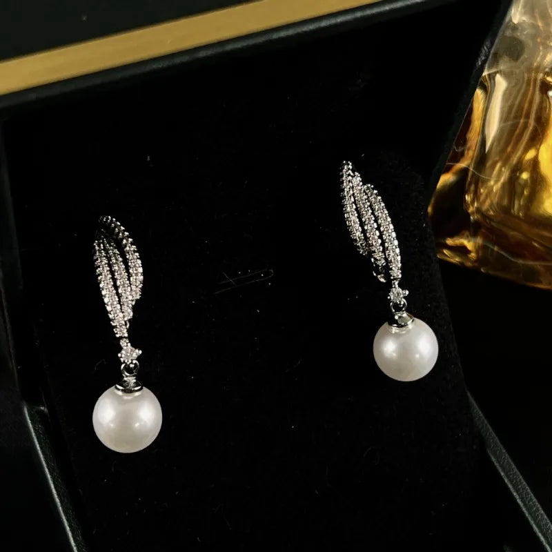 Three-Line Pearl Stud Earrings — Stainless