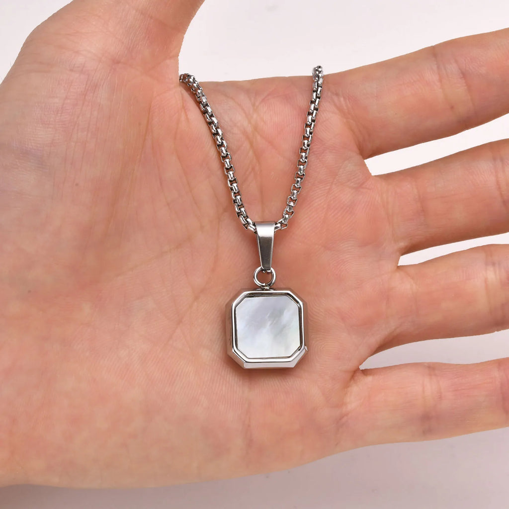 Shell Stone Box Chain Pendant — Stainless