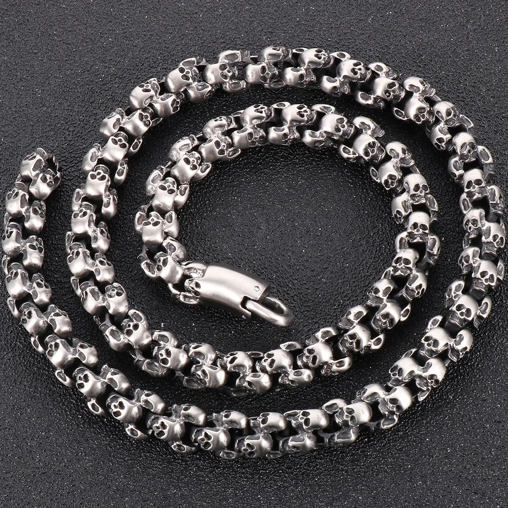 12MM Width Men's Stainless Steel Skull Head Link Chain Necklace Punk Rock On Neck Skeleton Jewelry Gothic Style