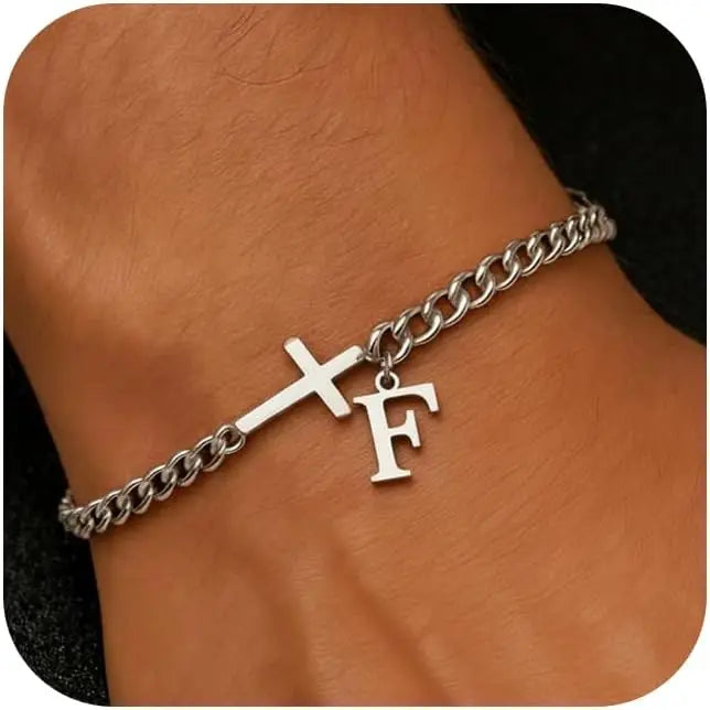 Men Cross Cuban Chain Bracelets for Men Initial A-Z Faith Cross Bracelets, Stainless Steel Initial Bracelet Religious