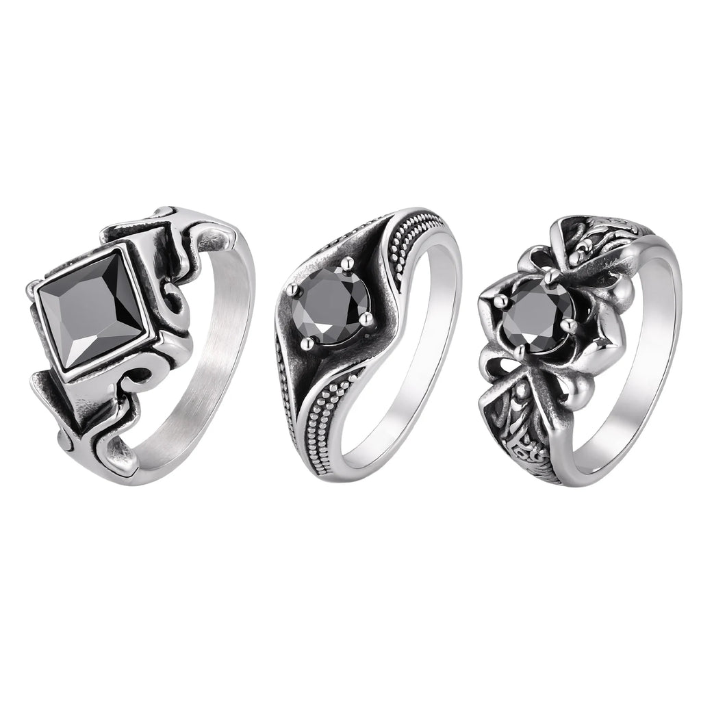 Men's Stylish Square Geometric Black Zircon Ring Stainless Steel Punk Waterproof Finger Jewelry Gift Party Daily Wear Size 7-11