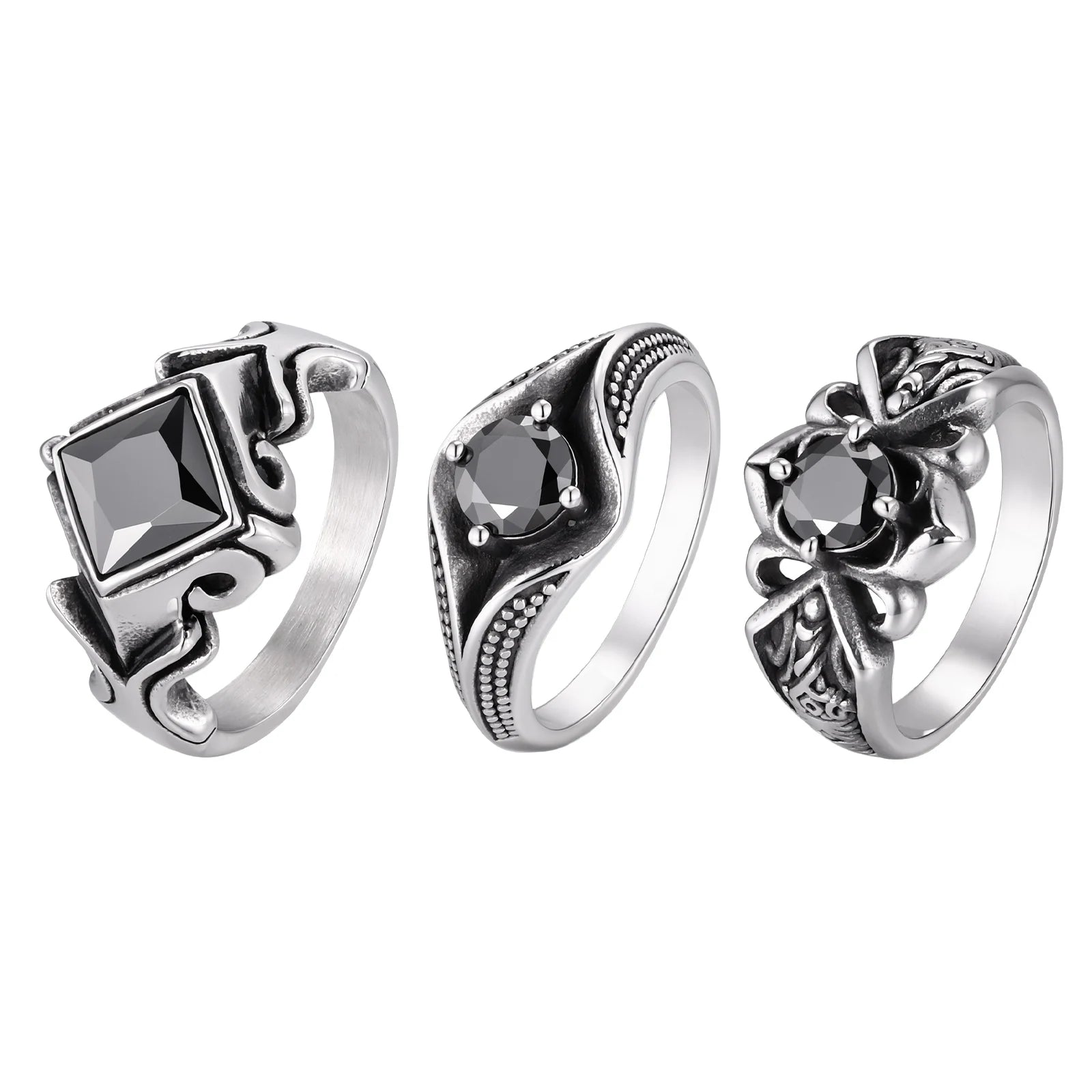 Men's Stylish Square Geometric Black Zircon Ring Stainless Steel Punk Waterproof Finger Jewelry Gift Party Daily Wear Size 7-11