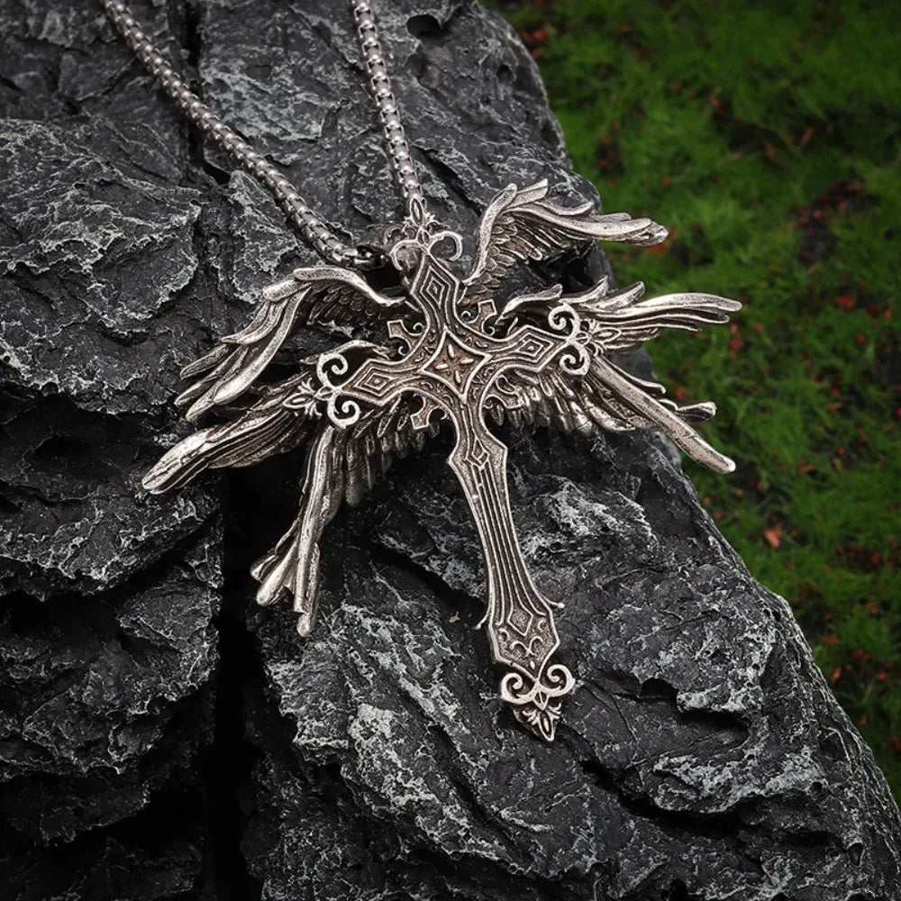Retro Gothic Jesus Wings Cross Pendant Necklace Jewelry for Men Women Large Vintage Dark Punk Religious Amulet