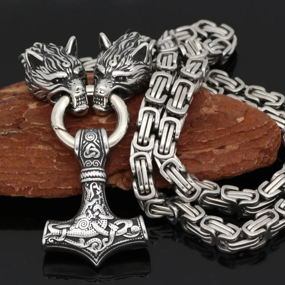 Fashionable And Exquisite New Retro Nordic Viking Hammer Pendant Wolf Head Necklace For Personalized Men'S Amulet
