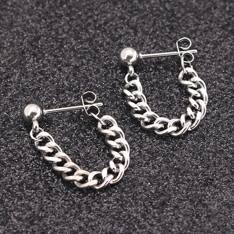 Black Steel Chain Stud Earrings Minimal