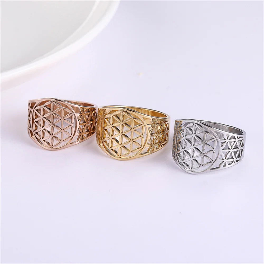 Flower of Life Hollow Geometric Filigree Ring — Stainless Steel