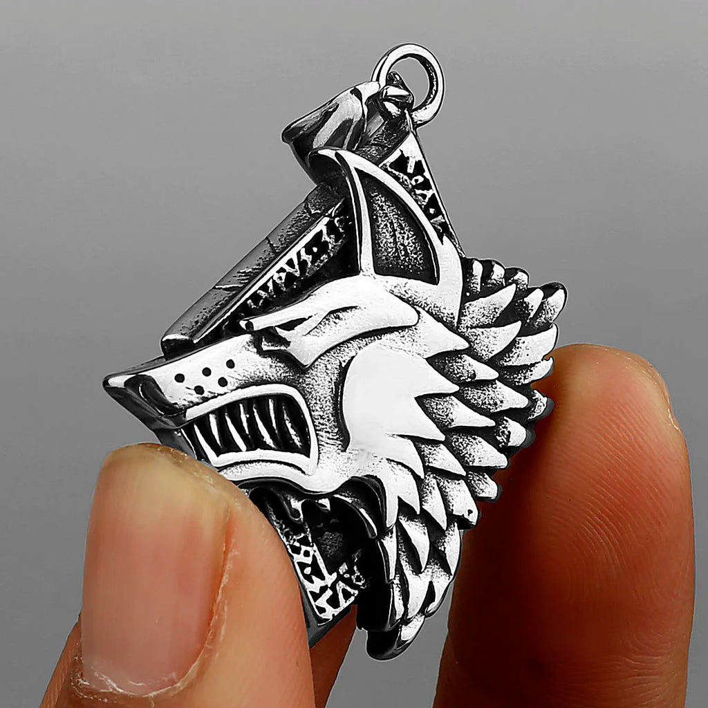 Viking Wolf Head Geri and Freki Necklace — Stainless Steel