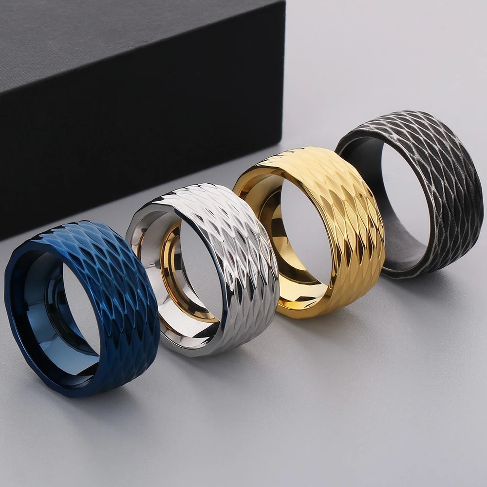 Waterproof Vacuum Plated Blue Gold Color 316l Stainless Steel Rings for Man 10mm Width Rhombus Design Mens Ring Fashion
