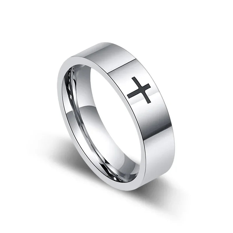 Unisex Retro Punk Style Jesus Cross Ring 6/8MM Black Silver Fashion Religious Prayer Jewelry for Men And Women Halloween Gift