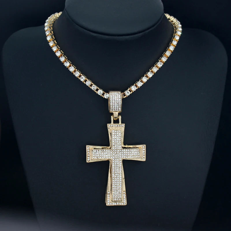 Hip Hop Mens Womens Large Cross Pendant Necklace with 4mm Tennis Chain HipHop Iced Out Bling Necklaces Fashion Charm