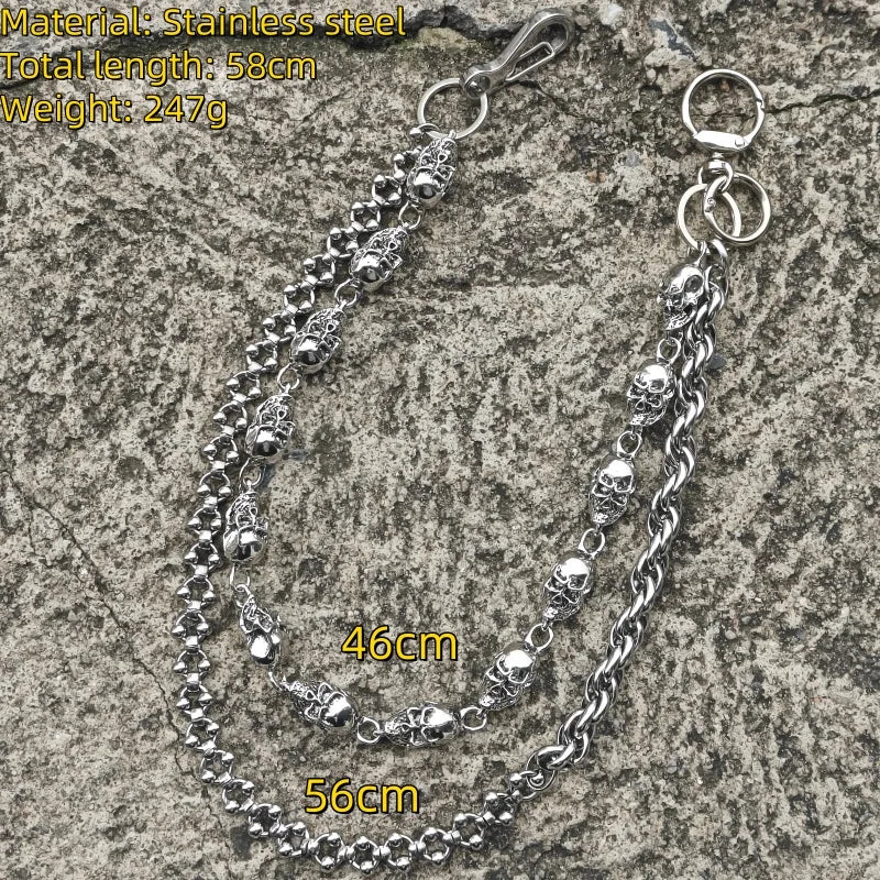 Skull Round Bead Biker Pants Chain — Stainless Steel