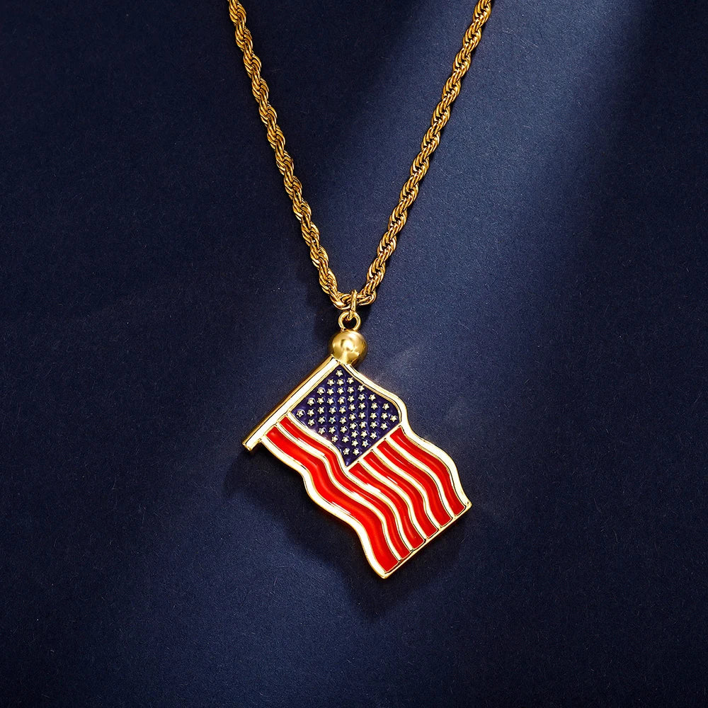 Gold US Flag Pendant Necklace Stainless Steel