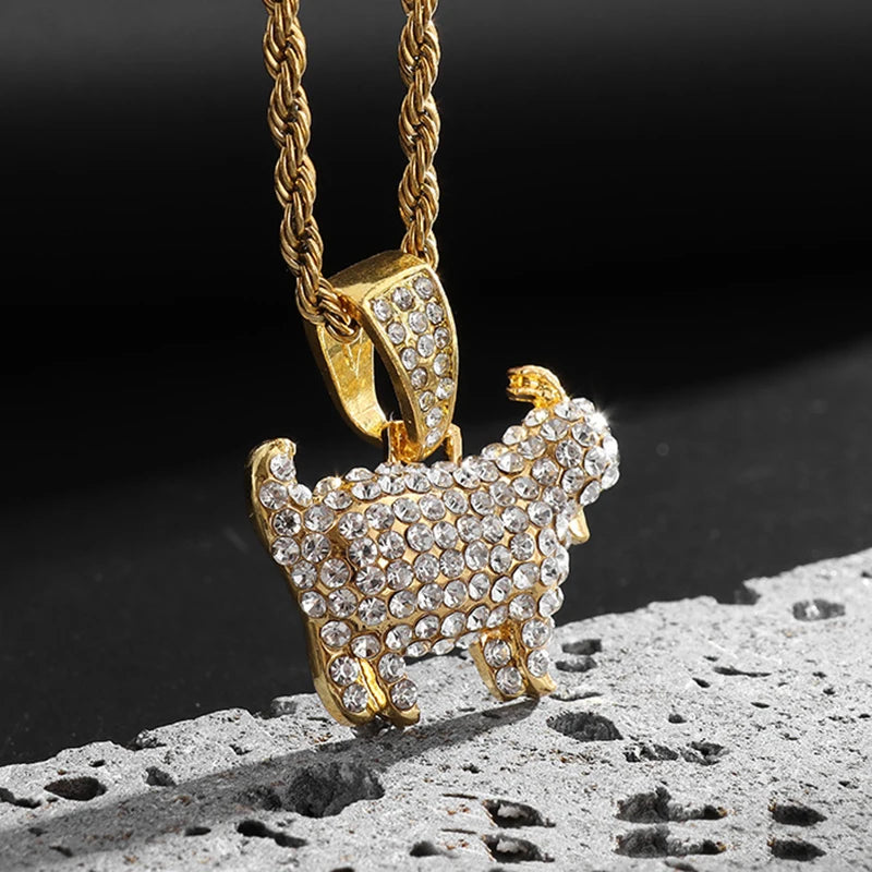Gold Iced Out Goat Pendant Rope Chain Necklace