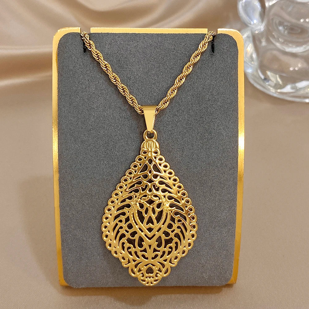 Greatera Vintage Embossment Teardrop Pendant Necklace For Women Men Chic Hollow Artistic Design Stainless Steel Jewelry Party