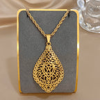 Greatera Vintage Embossment Teardrop Pendant Necklace For Women Men Chic Hollow Artistic Design Stainless Steel Jewelry Party