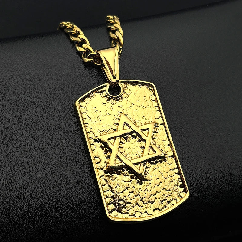 Hebrew Star of David Dog Tag Pendant Necklace for Women Men Stainless Steel Gold Silver Color Jewish Hip Hop Chain