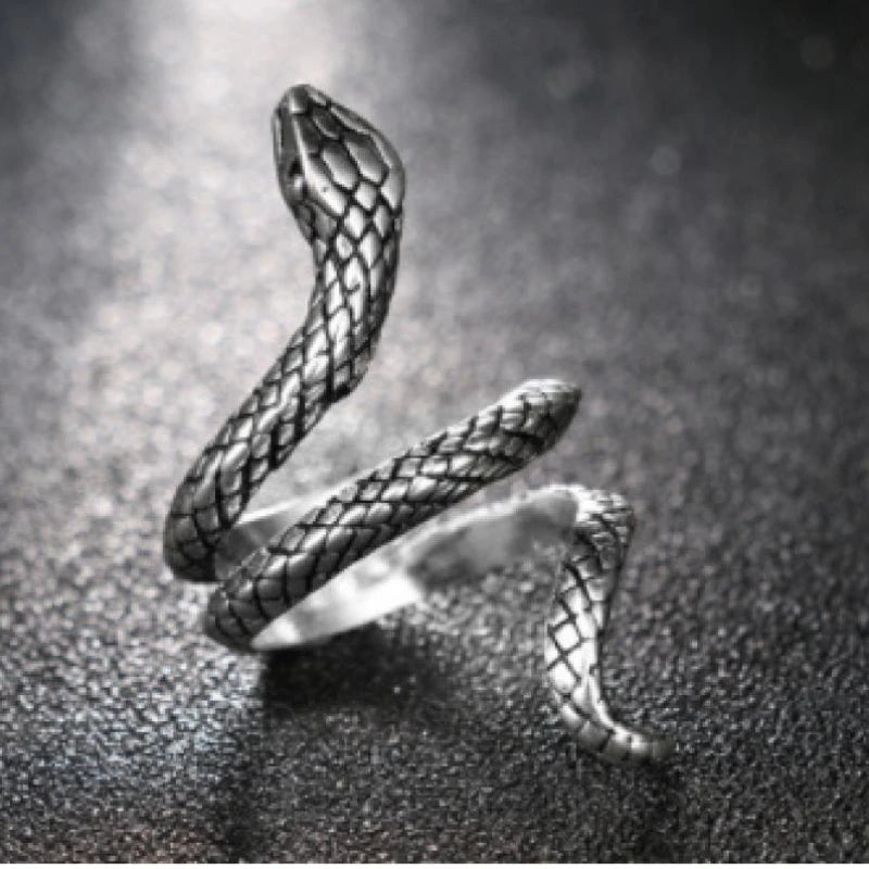 Vintage Coiled Snake Ring — Silver-Tone, Scale Texture
